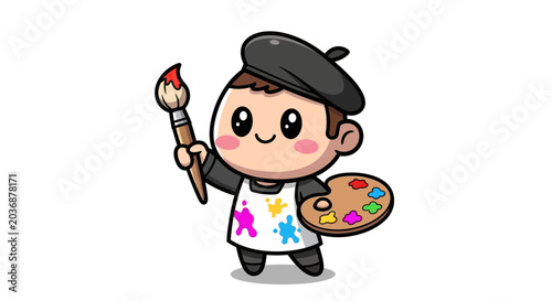 Cute Cartoon Artist with Paintbrush and Palette, Character Design