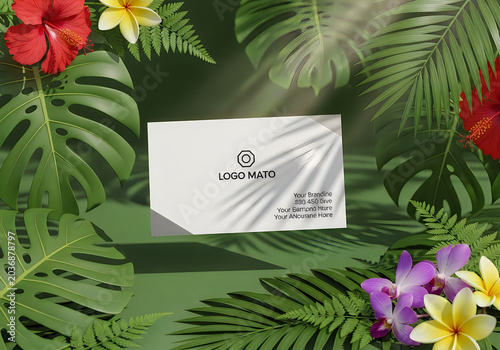 Business card mockup with tropical foliage and vibrant floral arrangement
