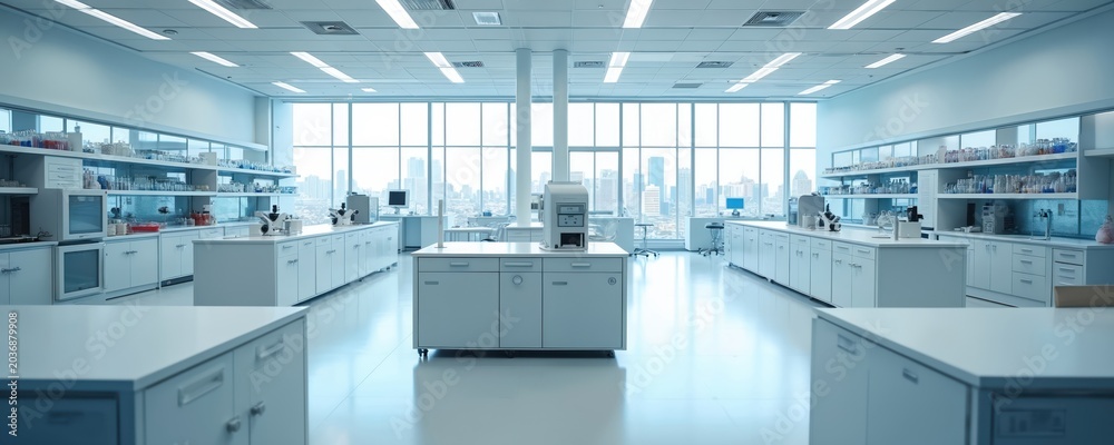 Naklejka premium Modern sterile research lab with high tech equipment and city view. Clean white interior offers space for science experiment analysis testing and medical innovation.