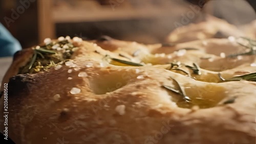 Delicious Focaccia Bread with Rosemary and Olive Oil Closeup.