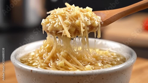 Delicious French Onion Soup with Melted Cheese and Noodles.