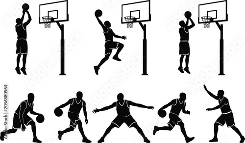 Schilderij op canvas Basketball player silhouettes collection featuring athletic poses for shooting d