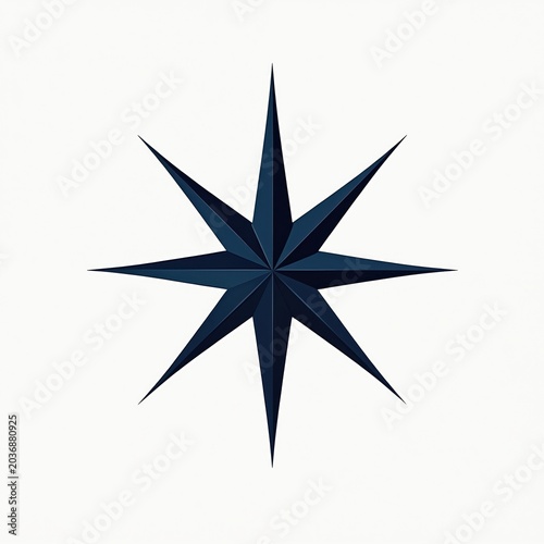 Dark blue eight pointed star symbol for navigation and direction. Geometric shape on white background. Abstract icon for travel and guidance. Minimalist design.
