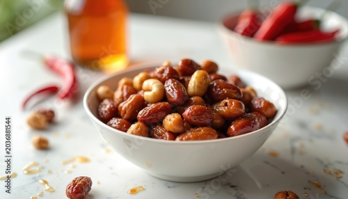 Sweet and spicy nut mix in bowl. Glazed nuts with chili and maple syrup. Healthy snack on kitchen counter. Crunchy sweet and savory treat. Appetizer.
