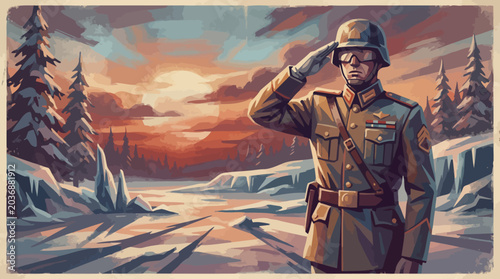 A soldier salutes in front of snowy trees at sunset on a cold winter morning.