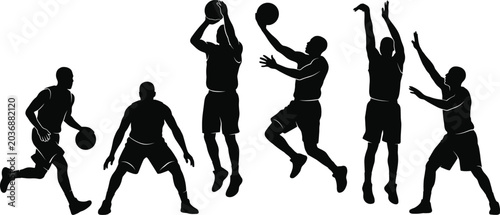 Quadro em tela Set of basketball player silhouettes showing various active game positions inclu