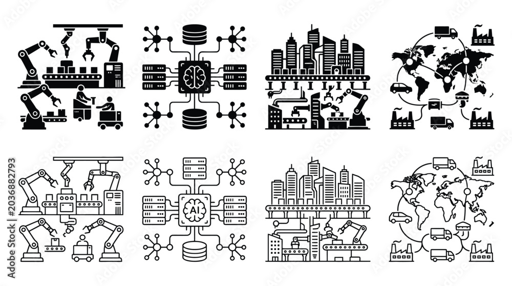 Fototapeta premium Set of industry 40 icons, smart factory, artificial intelligence, digital supply chain, automated production, vector illustration