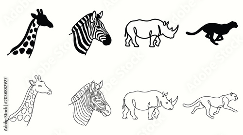 Photography Set of african animals in continuous line art style and silhouette, giraffe, zeb