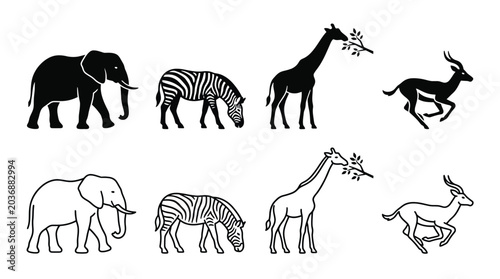 Photography Set of african safari animals silhouettes, elephant, zebra, giraffe and gazelle