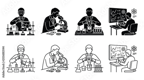 Konstfotografi Set of scientist icons, laboratory research, chemistry experiments, microscope a