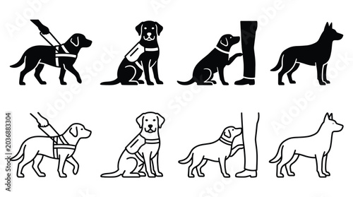 Set of service dog icons, including guide dog, therapy dog, and assistance dog, vector illustration