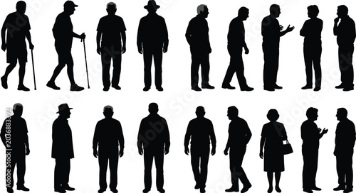 Bild auf Leinwand A comprehensive set of black vector silhouettes depicting older men and women in