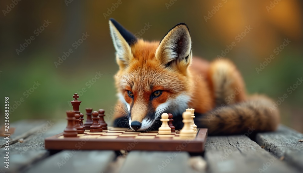 Naklejka premium Red fox lays down on wooden table playing chess game. Wild mammal thinks over next move in intellectual strategy board game. Animal sits outdoors in nature forest.