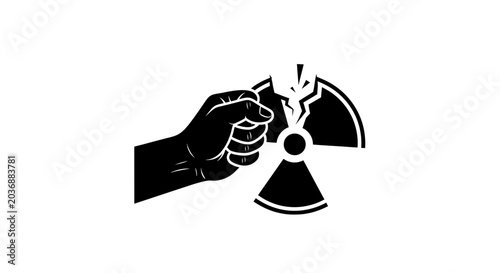 Tableau sur toile A clenched fist grasps and breaks a radiation symbol, conveying a message of resistance against nuclear danger or destructive forces