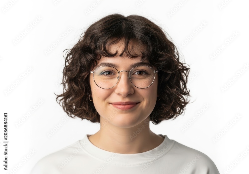 Obraz premium Portrait of a person with glasses and curly hair smiling