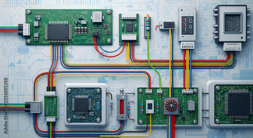 Complex electronic circuit board with various components and connections.