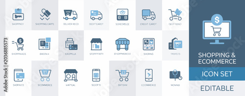 Photos Modern blue and grey duo tone shopping and e-commerce icons for mobile applicati