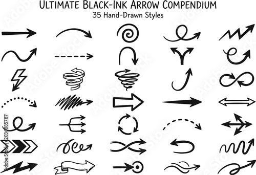 Fotografie Hand-drawn black ink arrow compendium, 35 sketch style pointer icons, decorative