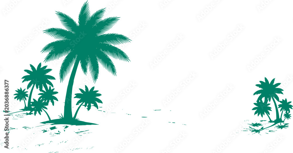 Obraz premium Summer Tree and Beach Silhouette Vector. Tropical Palm Coastline, Sea Waves, and Sunny Vacation Landscape on White Background.
