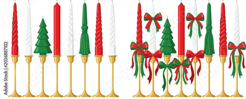Tableau sur toile Elegant Christmas candle vector element set with red white green festive taper c