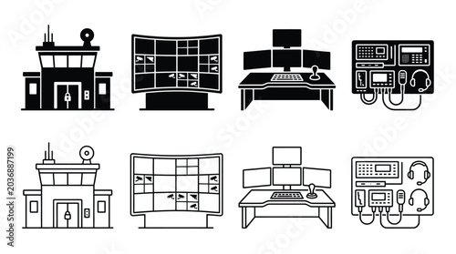 Фотография Security control center icons set, surveillance and monitoring system, cctv came