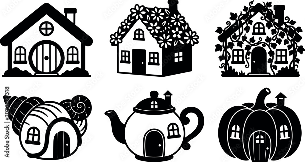 Naklejka premium Black and white silhouette six fantasy houses including flower roof and pumpkin house
