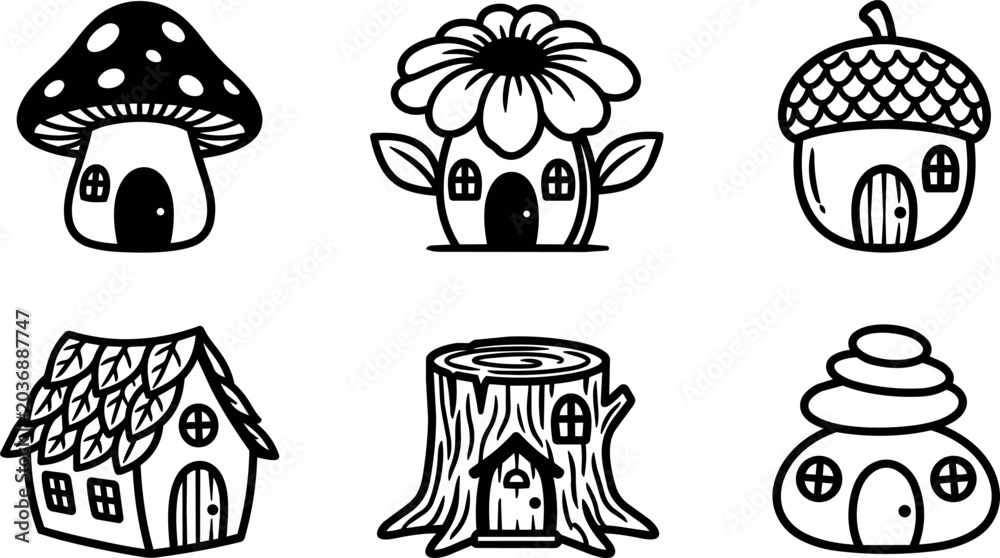 Naklejka premium Black and white line art fairy story houses with mushroom flower and acorn roofs