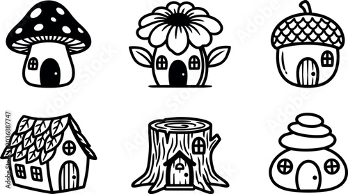 Black and white line art fairy story houses with mushroom flower and acorn roofs