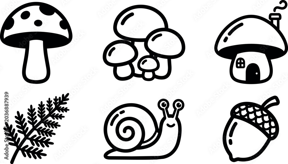 Fototapeta premium Mushrooms snail acorn and fern vector icons