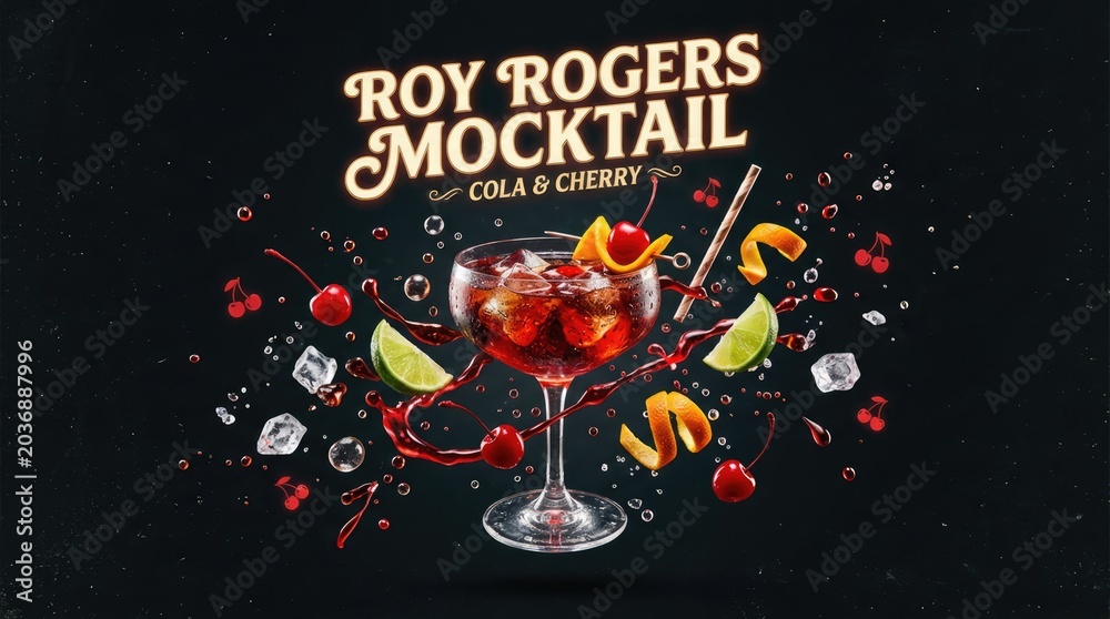 Naklejka premium Delicious Roy Rogers Mocktail with Cola and Cherry Garnishes on Black Background.