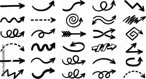 Foto Hand drawn arrow set, 30 black doodle arrows in vector format, sketchy pointer i