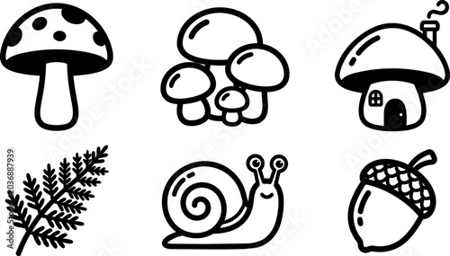 Mushrooms snail acorn and fern vector icons