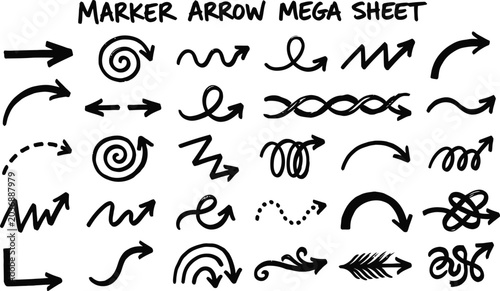 Tableau sur toile Hand drawn marker arrow mega sheet, black ink sketch pointer collection, decorat