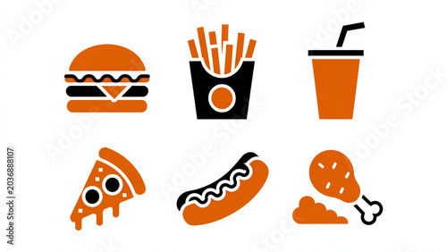 Orange and black fast food burger, fries, drink, pizza, hot dog, chicken