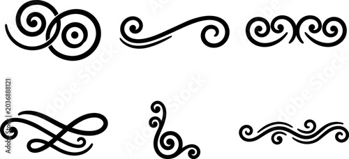Black swirl and curl ornamental vector art set with elegant lines