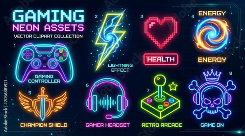 A vibrant neon-lit collection of gaming assets including a controller, shield, headphones, arcade machine, and skull, set against a dark background with various energy and health symbols.