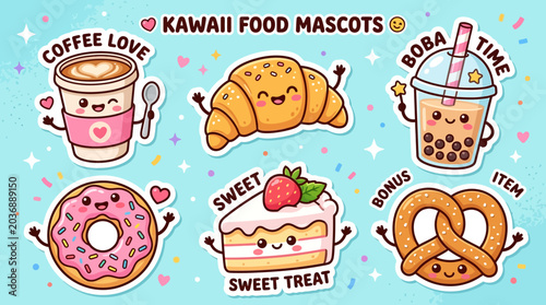Adorable food mascots illustrate sweet treats and drinks on a colorful background with coffee, croissant, donut, cake, and pretzel.