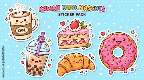 A colorful sticker pack featuring cute food mascots including a coffee, boba tea, cake, croissant, and donut in a playful digital illustration.