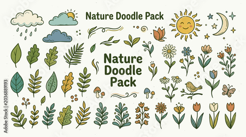A collection of various plants and flowers are illustrated in a doodle style for a nature themed design pack on a white background with leaves and flowers.