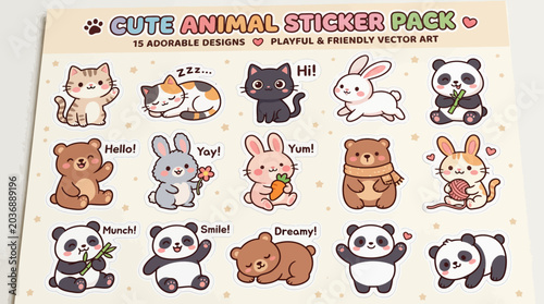 A colorful sticker sheet featuring adorable cartoon animals including pandas, rabbits, and bears in various cute poses.