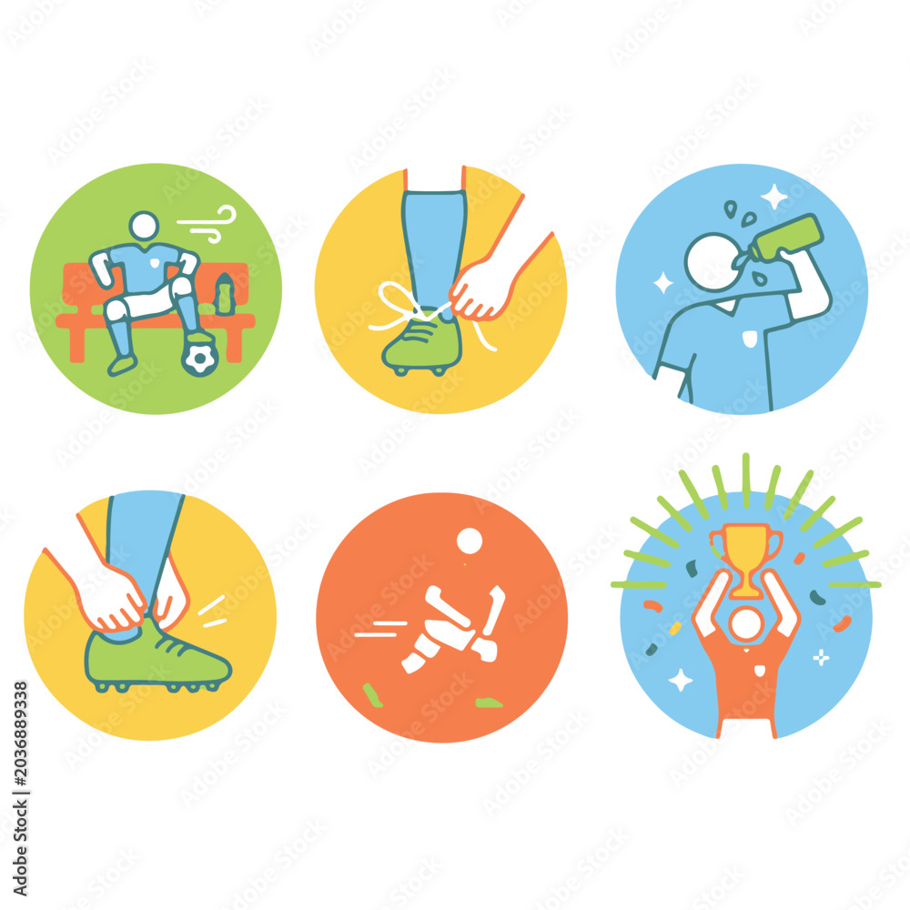 Fototapeta premium Soccer Player Match Routine and Championship Victory Icon Set 