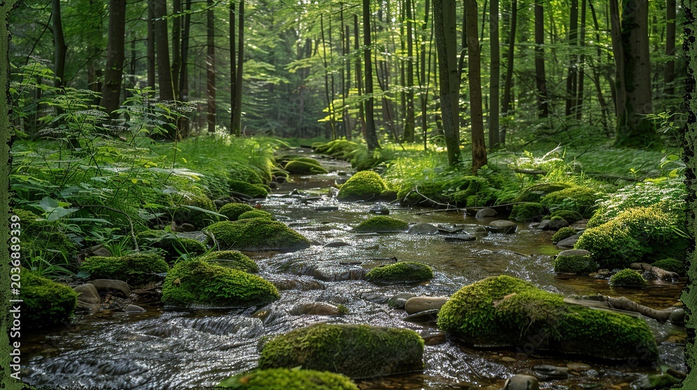 Fototapeta premium Hidden Forest Paradise with Gentle Stream and Mossy Rocks
