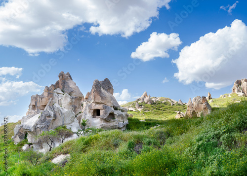 Scenic spring landscape in Göreme, Cappadocia, Türkiye, with fairy chimney rock formations, green hills and wild vegetation under a bright blue sky with white clouds.