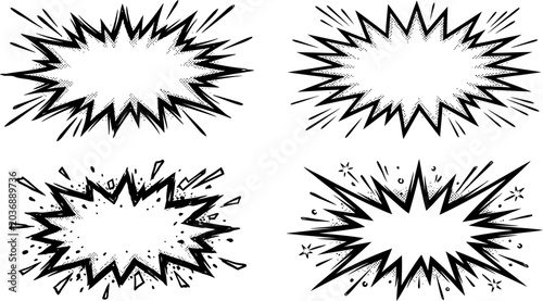 Quadro su tela Comic speech bubbles set, hand drawn explosive burst clouds, black and white pop