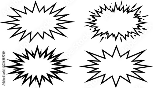 Photos Comic book speech bubbles set, 4 black and white explosion starburst frames, ret