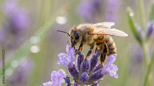 Macro Shot of Honey Bee Covered in Dewdrops Collecting Pollen on Purple Lavender Flower