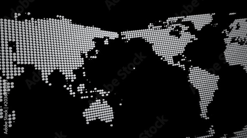 world map with white continent outlines and multicolored dots on a black background