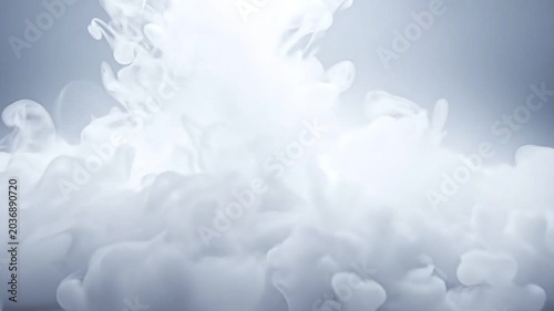 Dynamic white smoke or liquid creating ethereal cloud-like patterns against a light background, forming a mesmerizing abstract art display with soft, flowing textures and a sense of purity