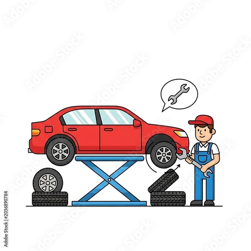 Mechanic Repairing a Red Car on a Hydraulic Lift.