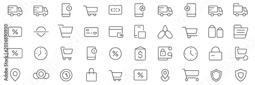 Set of e-commerce and shopping line icons for delivery and mobile payment interface
